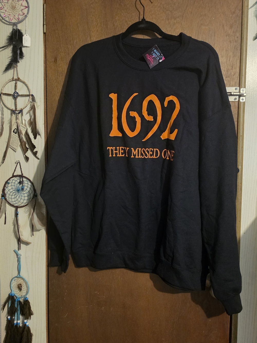 NWTMagnolia Black Crewneck Sweatshirt with Orange "1692 They Missed One" Graphic